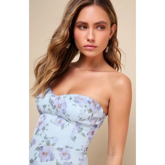 Lulus Chic Preciousness Light Blue Floral Organza Bustier Maxi Dress Medium NWT - Picture 4 of 12